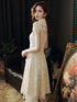Light Champagne Lace High Neckline Wedding Party Dress, Champagne Lace Homecoming Dress